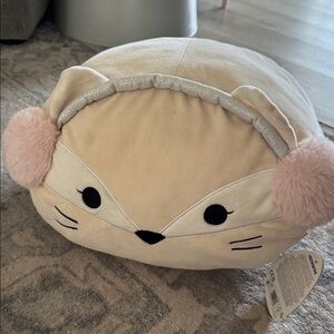 Cute Fox Plush squishmallow Pillow with Pink Earmuffs